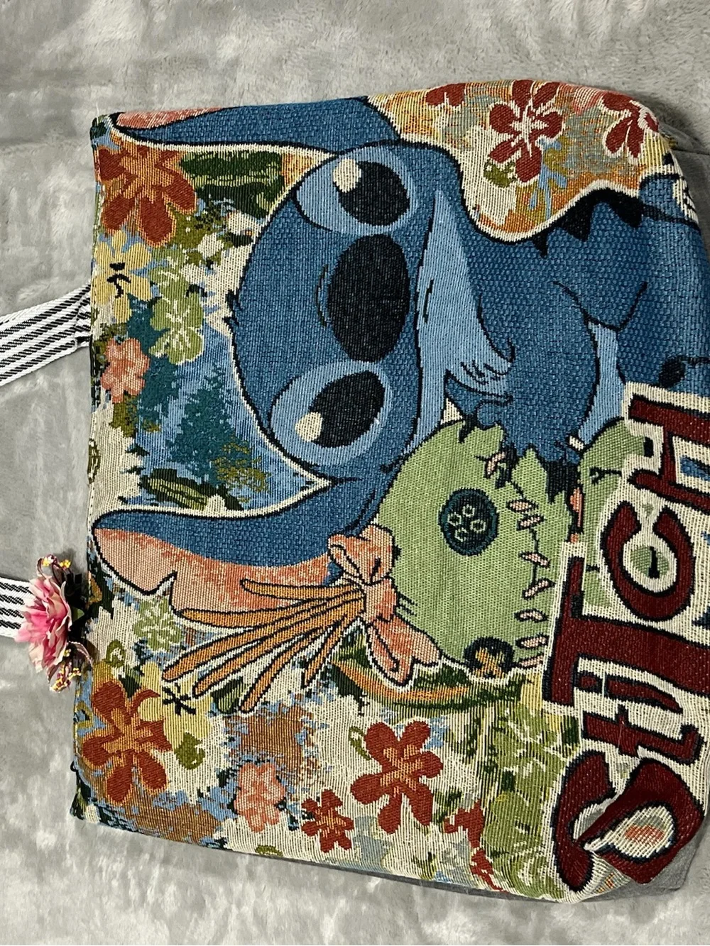 Disney Blue Stitch Floral Tote Bag with Striped Handles NWOT